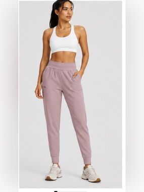 NEW UNDER ARMOUR UA PINK RIVAL HIGH RISE WOVEN JOGGER PANTS SZ L